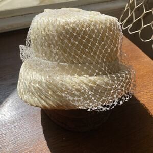 Vintage White Straw Net Veil Double Velvet Bow Millinery Hat